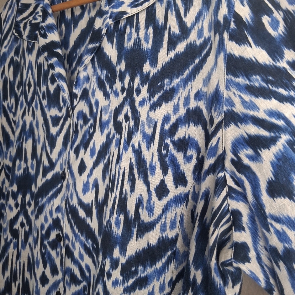 Chico's Linen Womens Tunic Button Shirt 3/4 Sleeve Blue White Abstract Size  XL - Picture 4 of 14